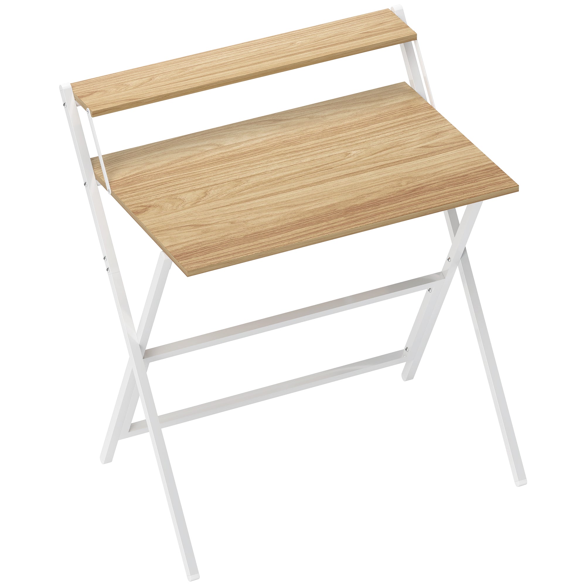 White foldable computer desk with natural wood finish tabletop and shelf doubles as monitor stand for space saving