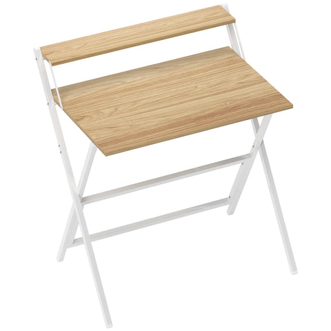 White foldable computer desk with natural wood finish tabletop and shelf doubles as monitor stand for space saving