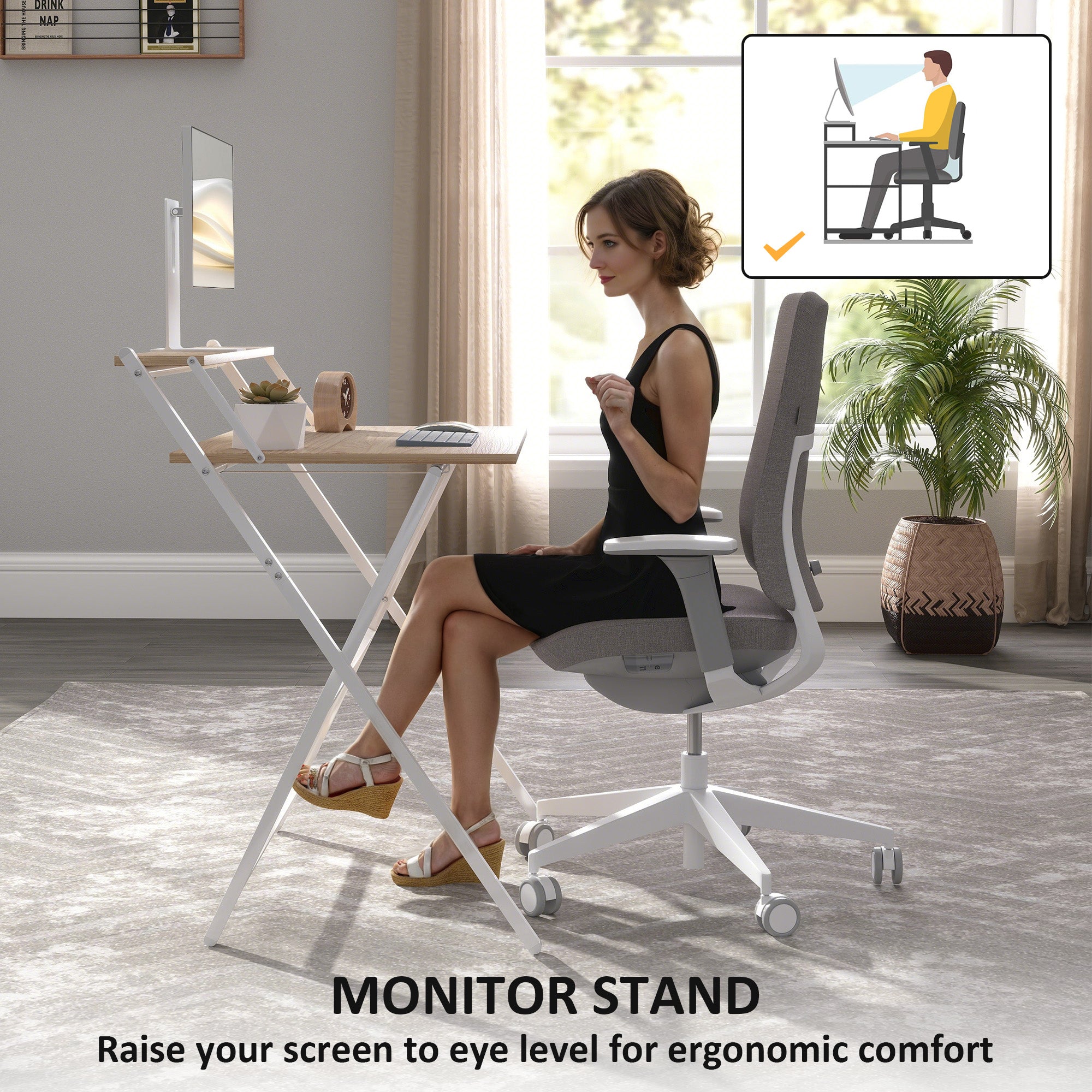 White adjustable monitor stand with natural wood finish top and shelf doubles as part of homcom folding computer desk