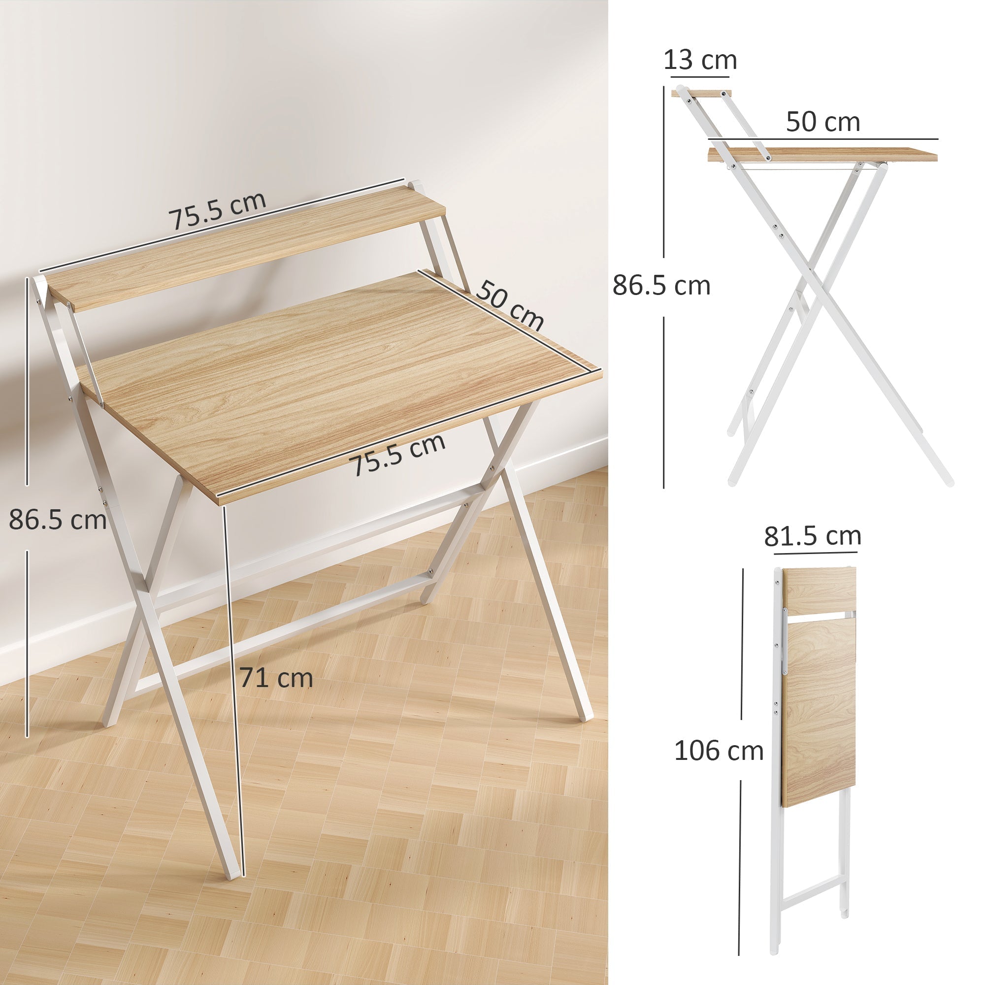 Homcom foldable computer desk with natural wood finish tabletop and white metal x-frame legs shelf doubles workspace