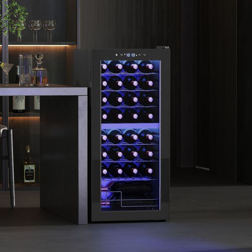 A sleek homcom 86l dual zone wine cooler with adjustable temperature control black stainless steel and blue led lighting