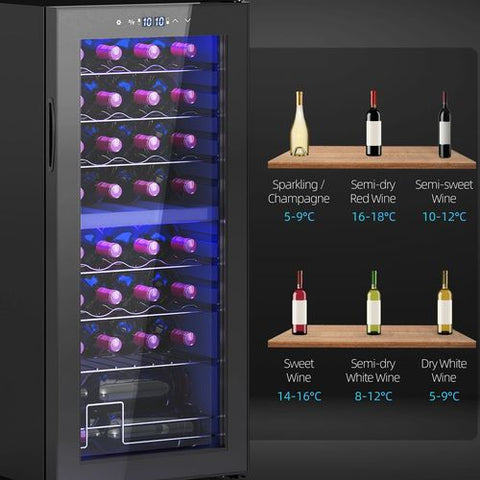 Black HOMCOM 86L dual zone wine cooler with adjustable temperature control and blue interior lighting showing bottles