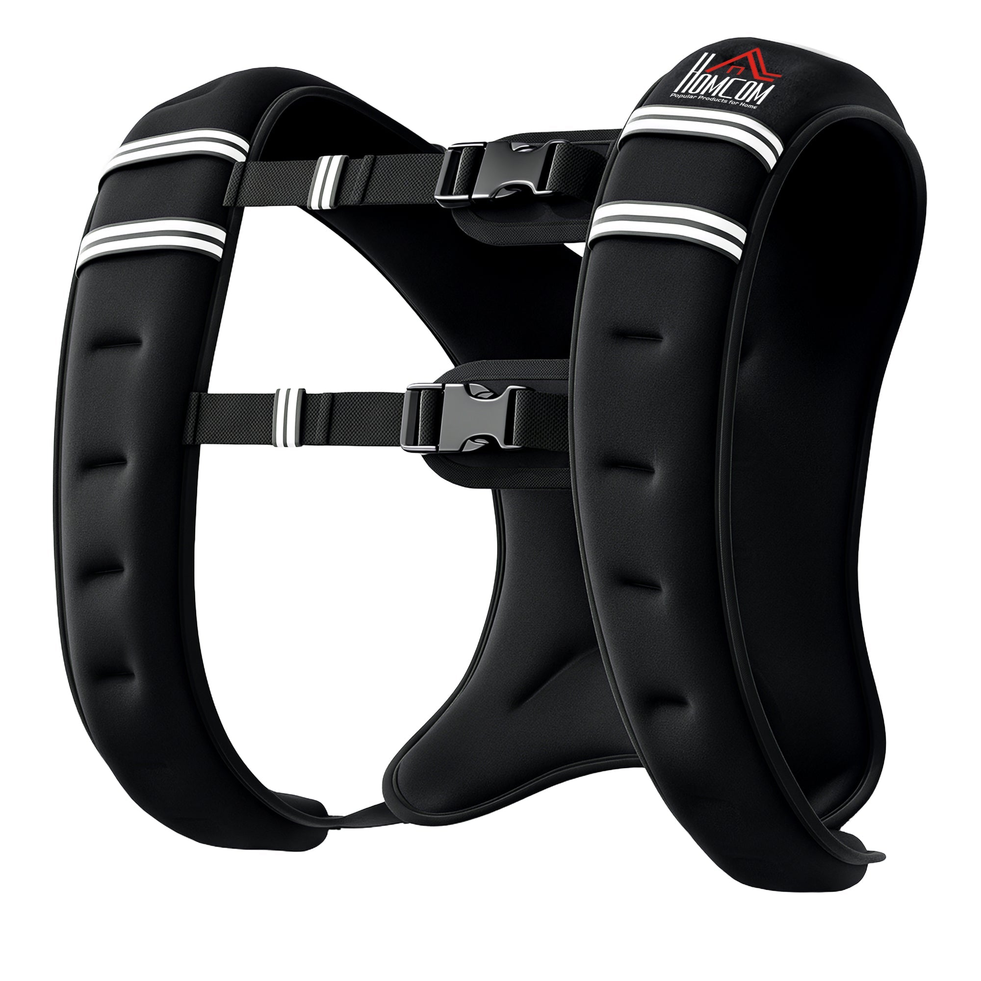 Black neoprene running weight vest with white reflective stripes silver buckle closures and adjustable strap