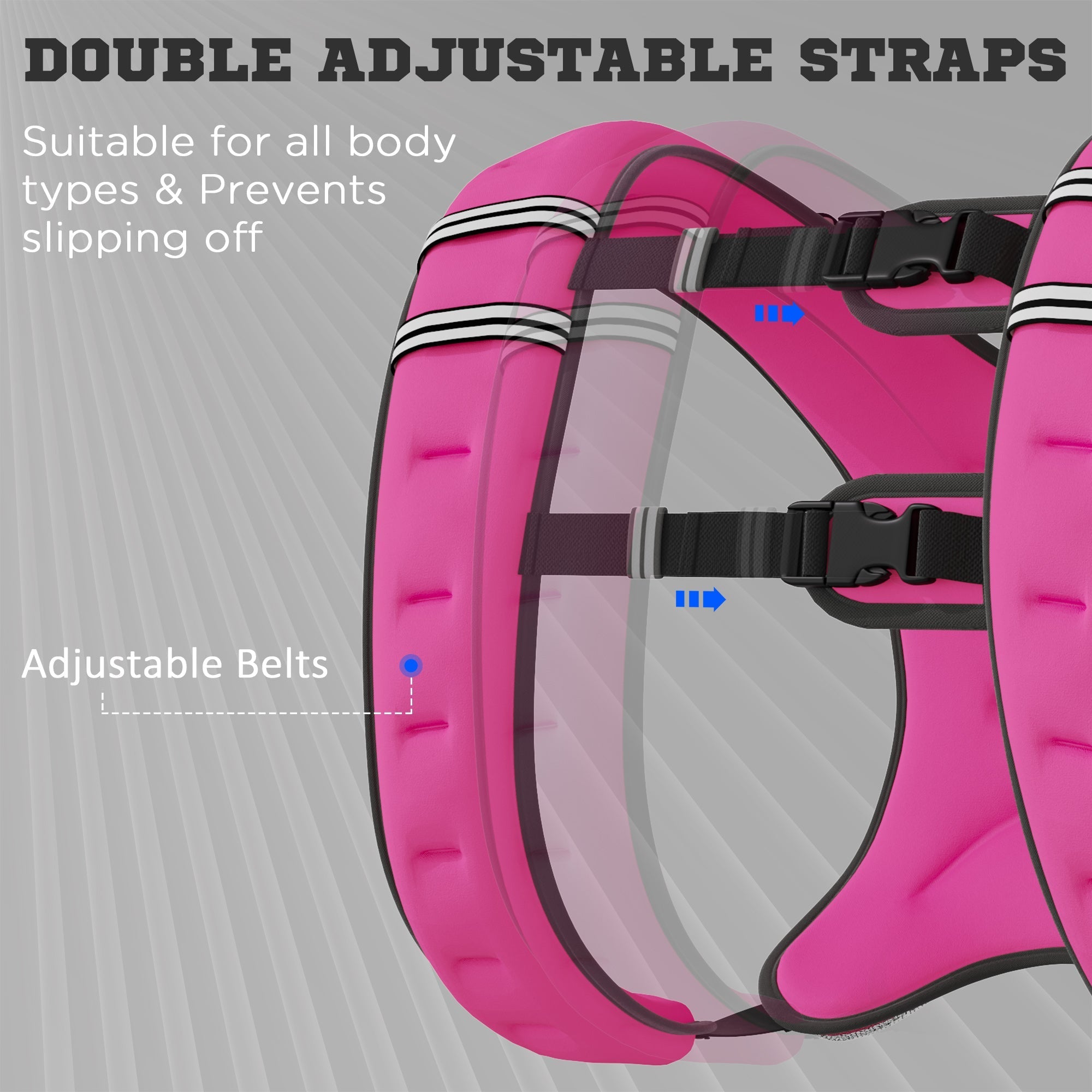 Pink dog harness with black adjustable straps and white stripes made of oxford fabric for comfortable running weight vest use