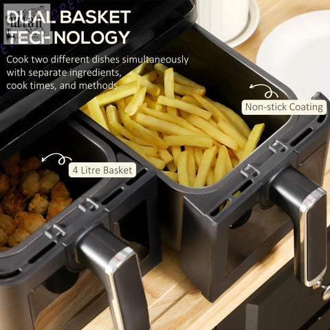 Black homcom 8l dual basket air fryer with two separate non-stick compartments for low fat cooking and digital display