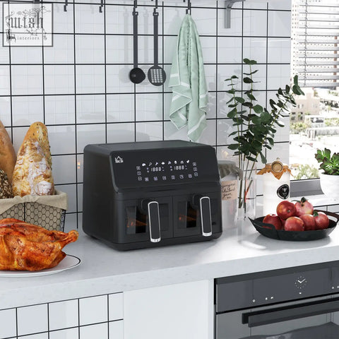 Black homcom 8l dual basket air fryer with two separate baskets silver handles digital display for oil free cooking