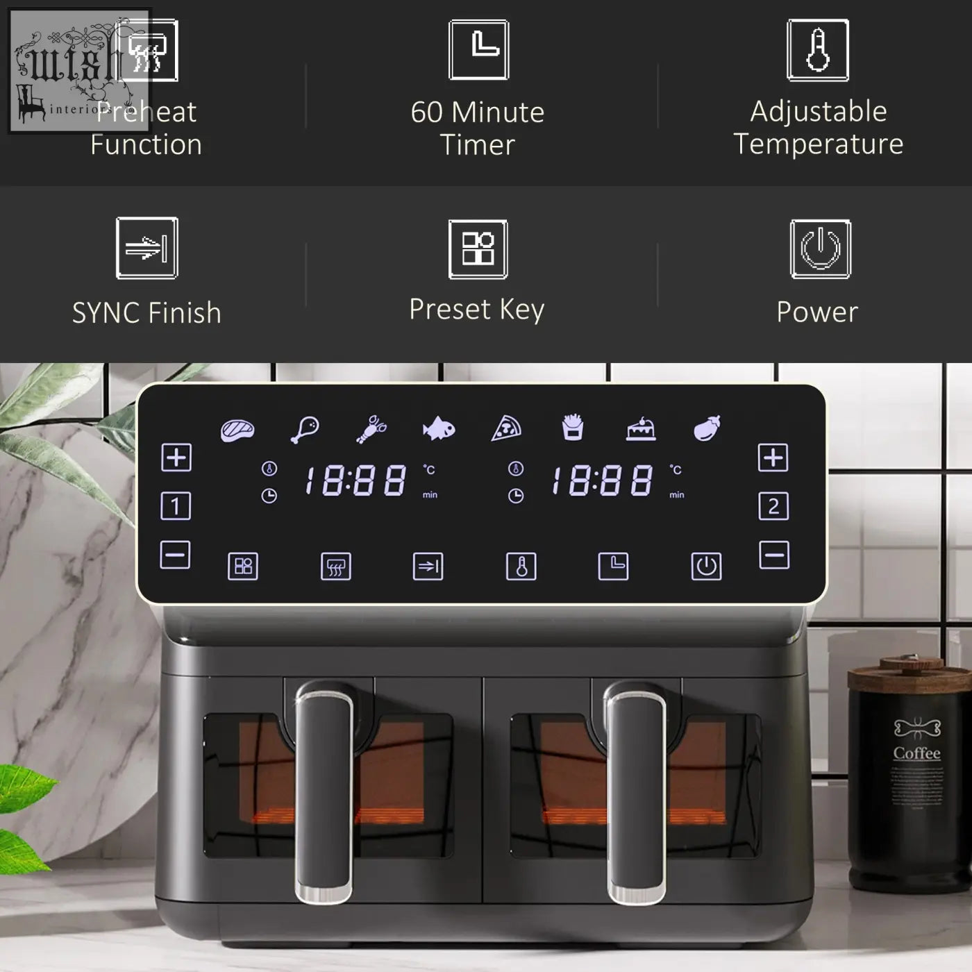 Black homcom 8l dual basket air fryer with two separate compartments, digital touchscreen, and silver handles for low fat cooking