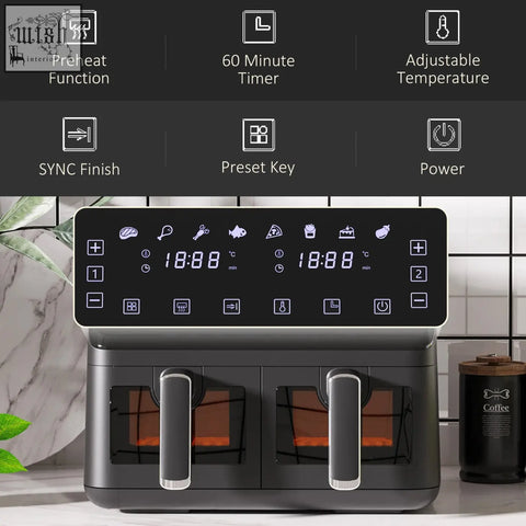 Black homcom 8l dual basket air fryer with two separate compartments, digital touchscreen, and silver handles for low fat cooking