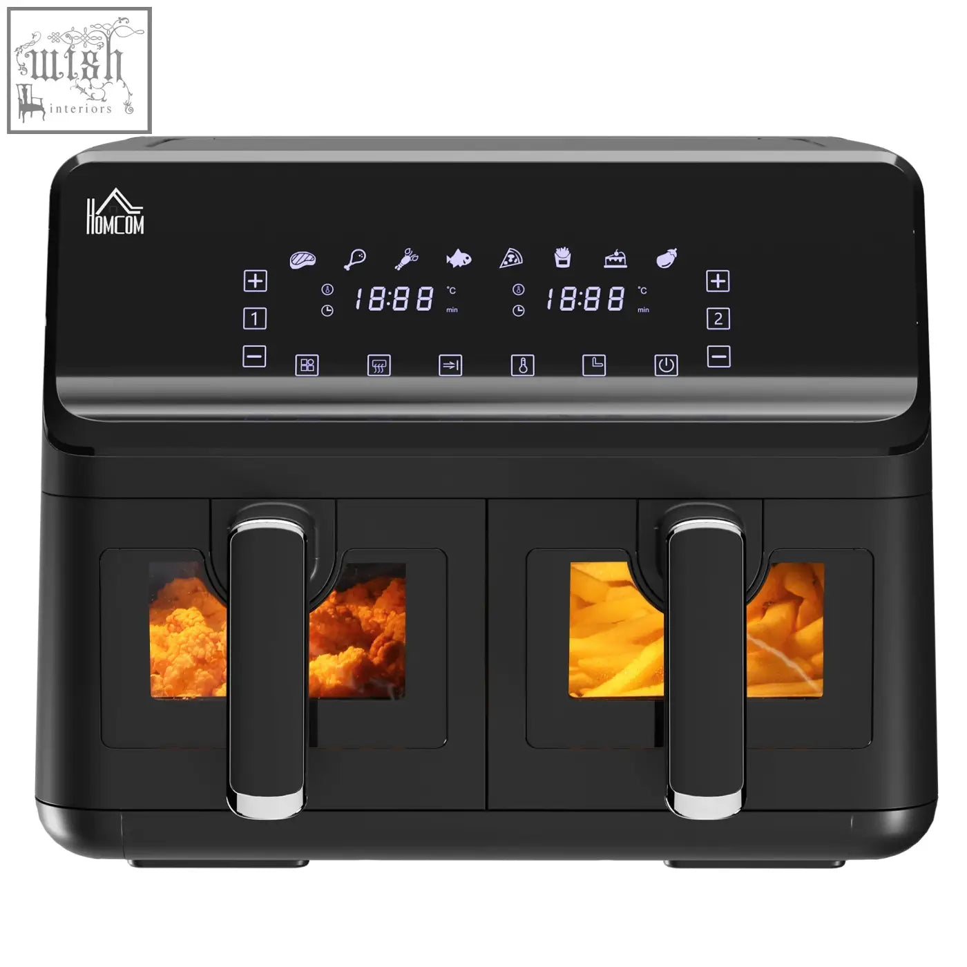 Black homcom dual basket air fryer with two separate illuminated cooking compartments and digital display panel