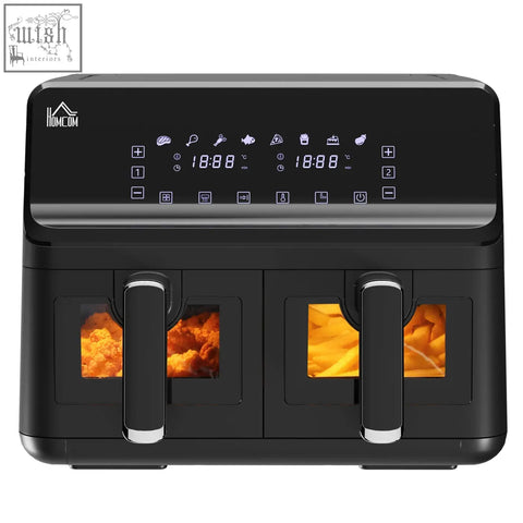 Black homcom dual basket air fryer with two separate illuminated cooking compartments and digital display panel