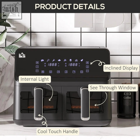 Black homcom 8l dual basket air fryer with digital display two separate compartments and cool touch handles for low fat cooking