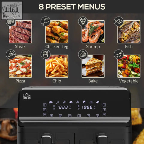 Black homcom 8l dual basket air fryer with digital control panel and eight preset menus for oil free cooking