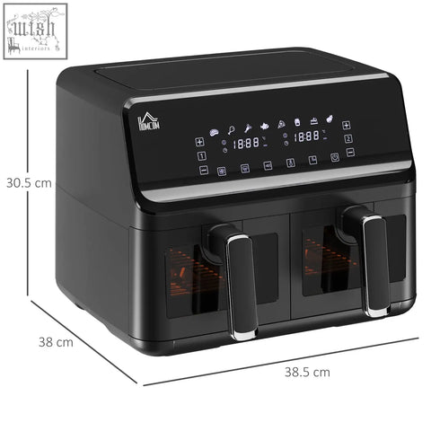 Homcom 8l black dual basket air fryer with two separate silver handles and digital display for low fat cooking