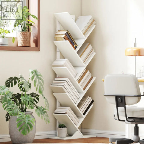 Modern white zigzag bookshelf with steel frame and robust particle board shelves for stylish industrial storage