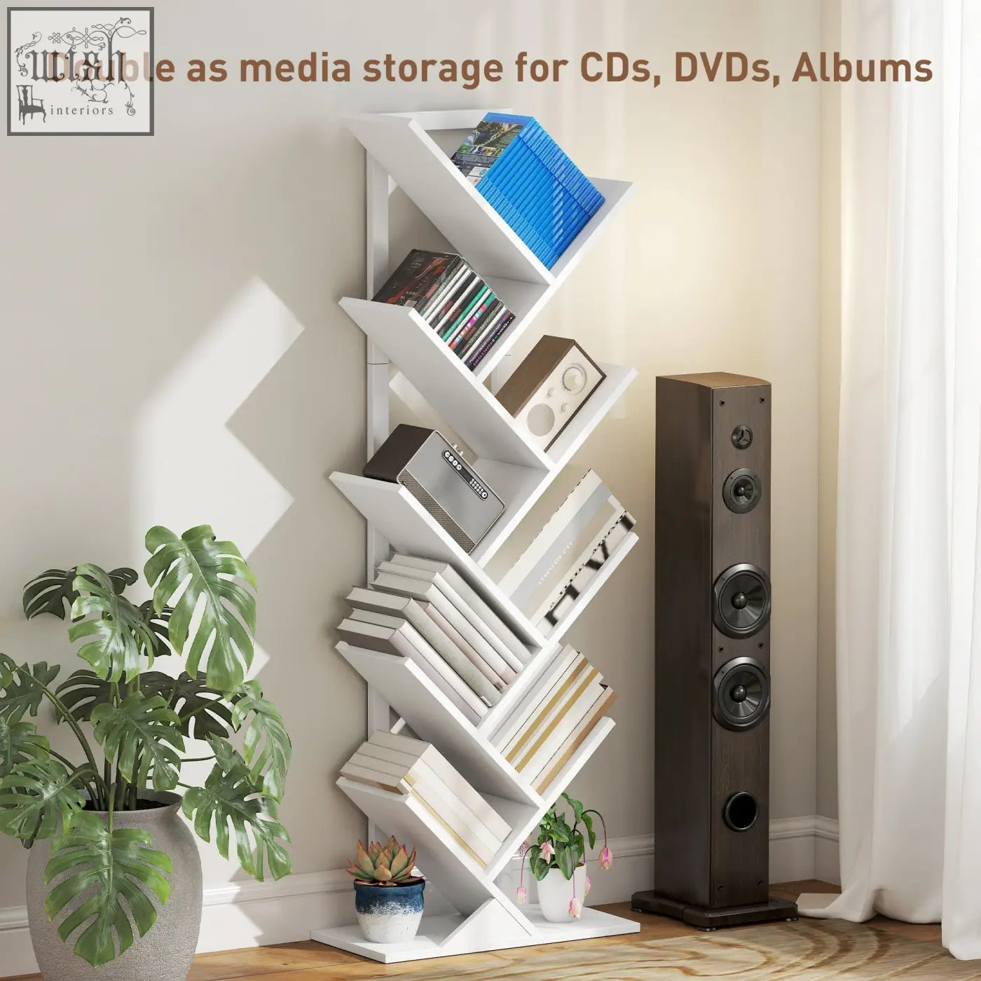 White zigzag 9-tier tree bookshelf with angled shelves made of robust particle board and steel frame holding cds dvds and books