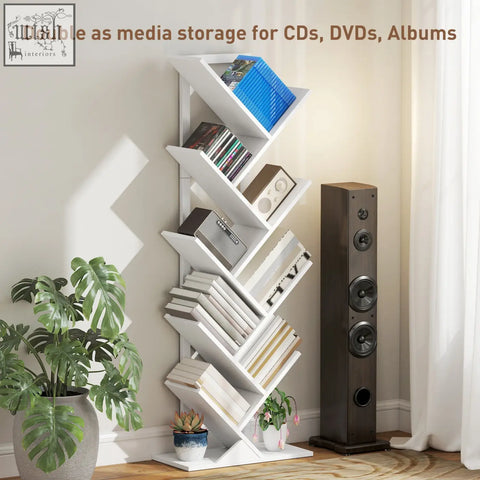 White zigzag 9-tier tree bookshelf with angled shelves made of robust particle board and steel frame holding cds dvds and books