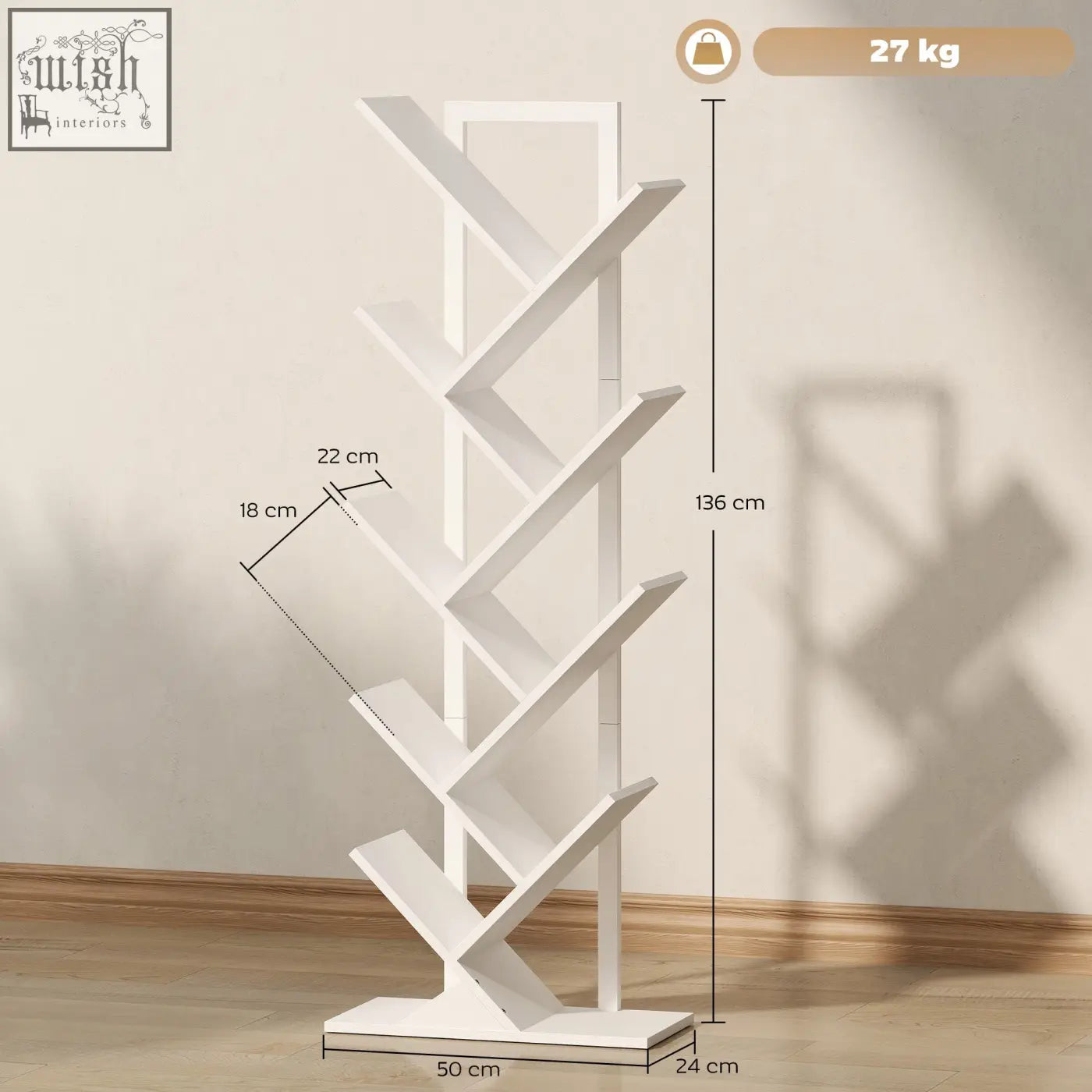 White homcom 9-tier tree bookshelf with sleek angled shelves made of robust particle board and steel frame