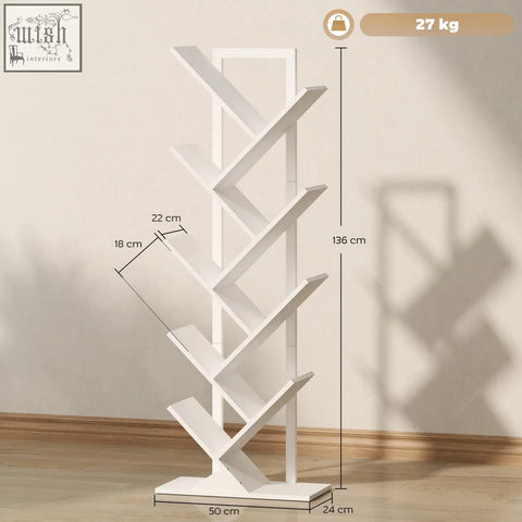 White homcom 9-tier tree bookshelf with sleek angled shelves made of robust particle board and steel frame
