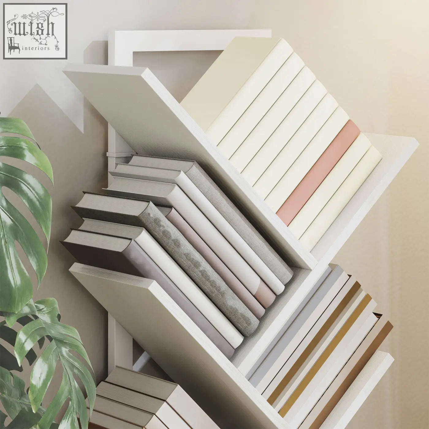White geometric homcom 9-tier tree bookshelf with steel frame and robust particle board holding books with cream blush pink and gold spines
