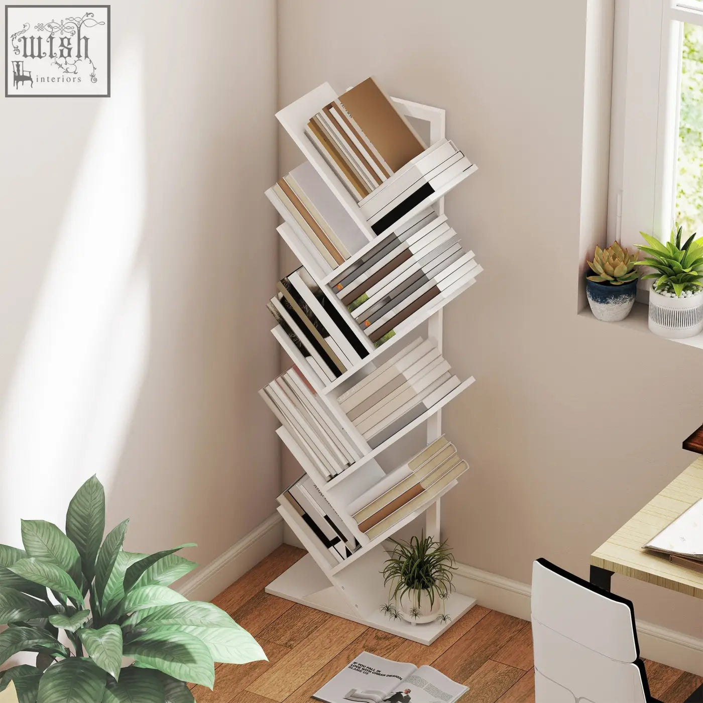 White modern corner bookshelf with angled shelves made of robust particle board and steel frame for display storage