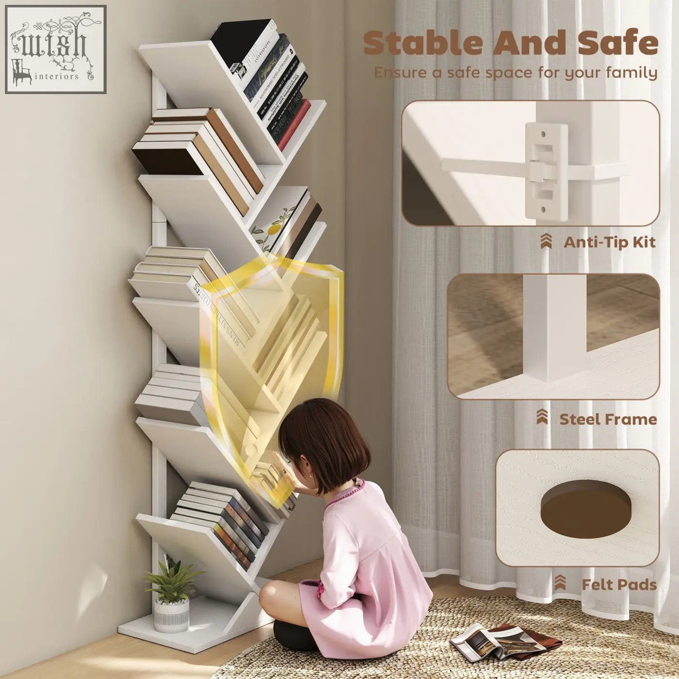 Homcom 9-tier tree bookshelf with white particle board shelves steel frame and felt pads for stability