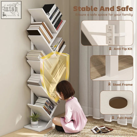 Homcom 9-tier tree bookshelf with white particle board shelves steel frame and felt pads for stability