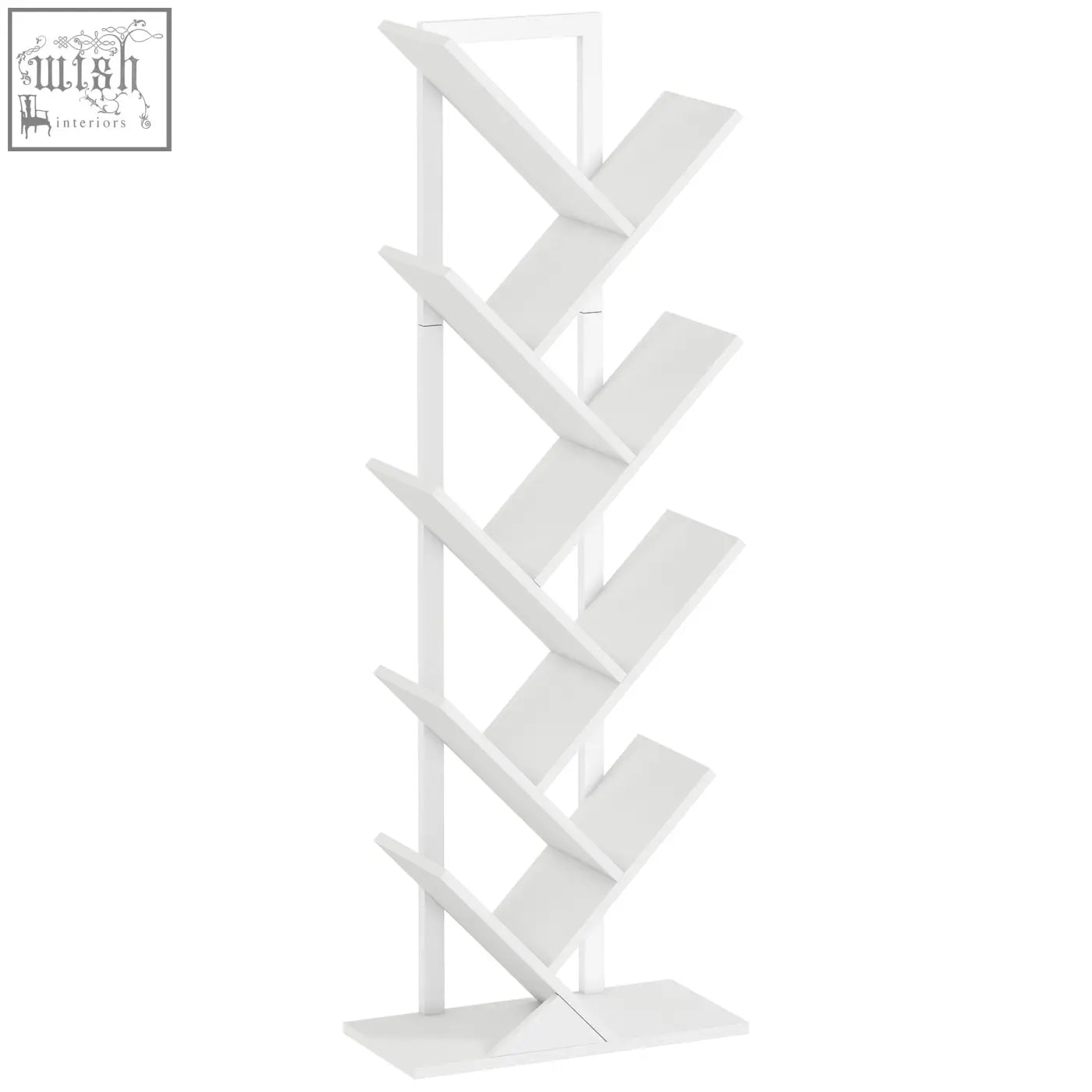 White minimalist 9-tier tree bookshelf with angled shelves made of robust particle board and steel frame for display storage
