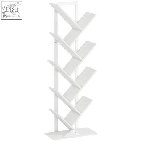 White minimalist 9-tier tree bookshelf with angled shelves made of robust particle board and steel frame for display storage