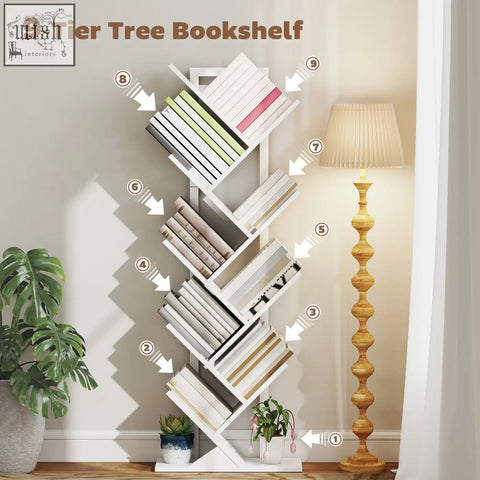 White 9-tier tree bookshelf with angled shelves made of robust particle board and steel frame for display storage