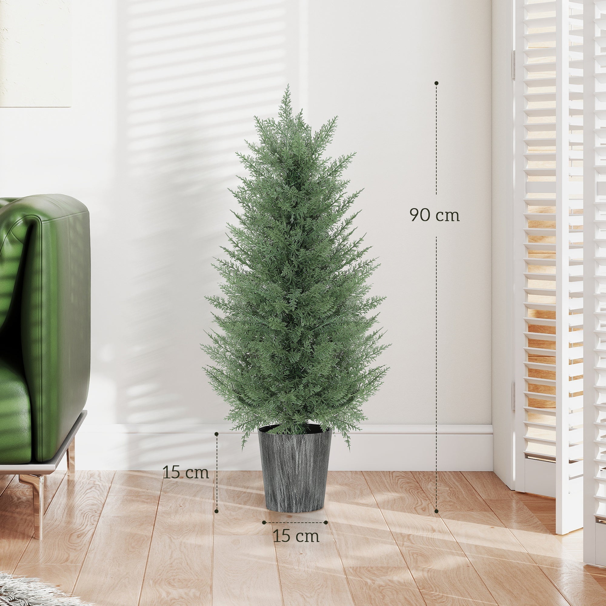A set of 2 artificial cypress trees with dense green foliage in textured gray pots perfect for indoor or outdoor decor