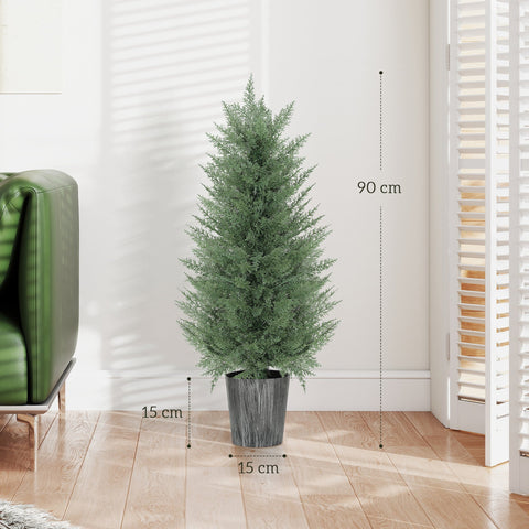 A set of 2 artificial cypress trees with dense green foliage in textured gray pots perfect for indoor or outdoor decor