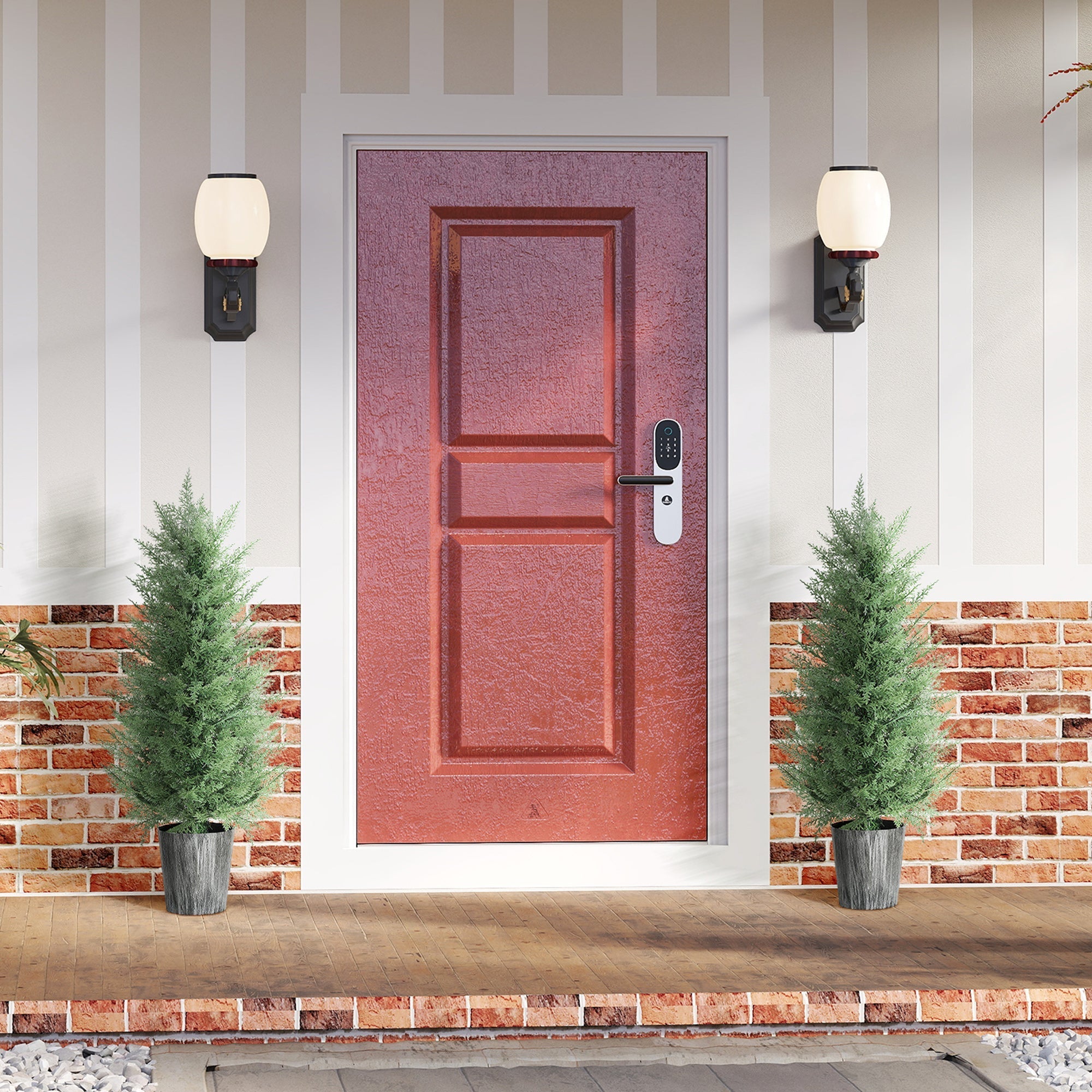 Red textured front door with modern digital lock and black handle next to green artificial cypress trees in decorative pots
