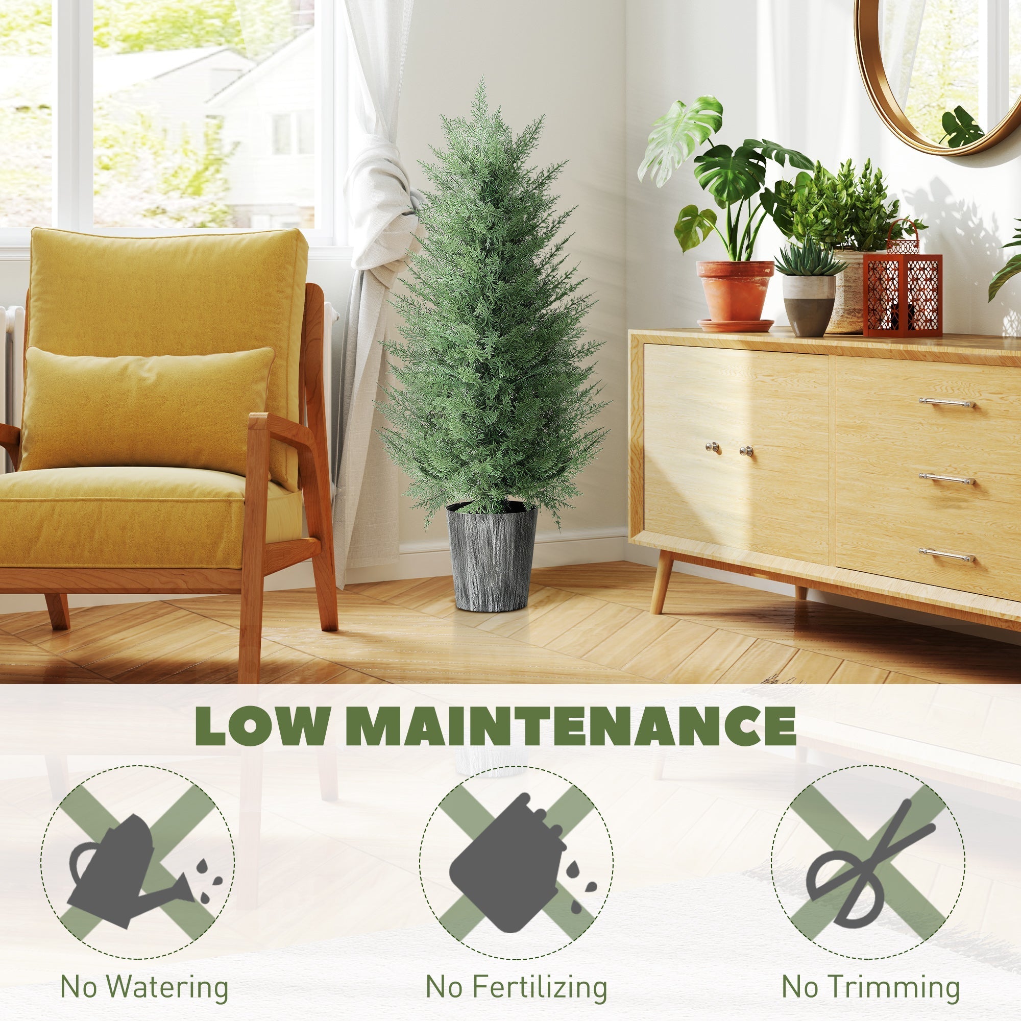 A tall artificial cypress tree with dense green foliage in a textured gray pot perfect for indoor outdoor decor