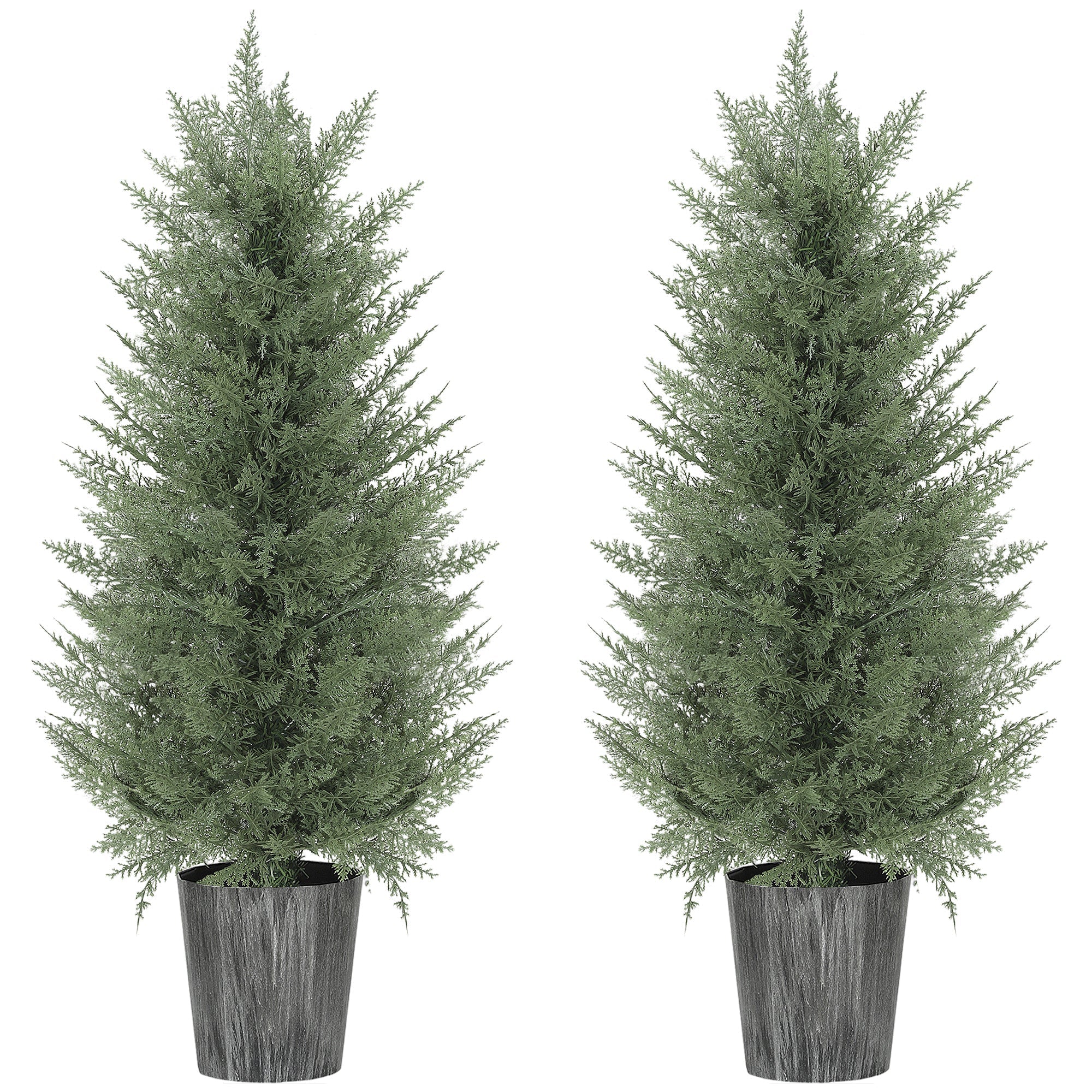 Two artificial cypress trees in dark gray pots perfect for indoor outdoor decor with uv resistant green foliage