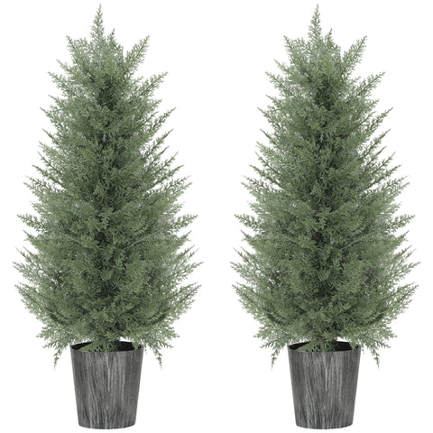 Two artificial cypress trees in dark gray pots perfect for indoor outdoor decor with uv resistant green foliage