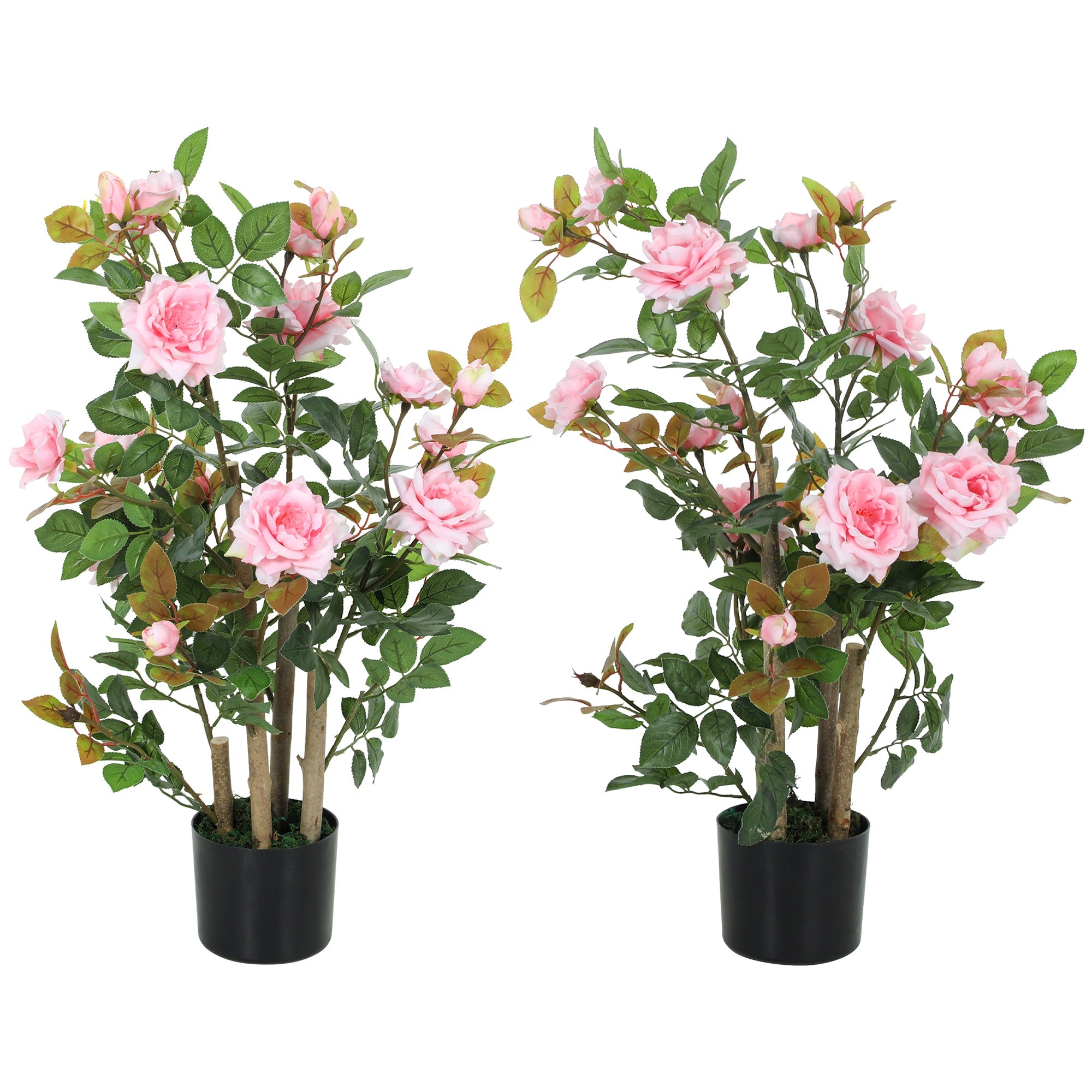 Two identical pink artificial rose trees in black pots with 344 silk leaves and 17 flowers for indoor outdoor decor