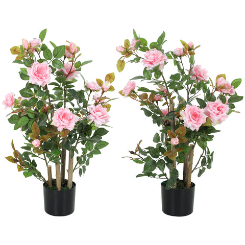 Two identical pink artificial rose trees in black pots with 344 silk leaves and 17 flowers for indoor outdoor decor
