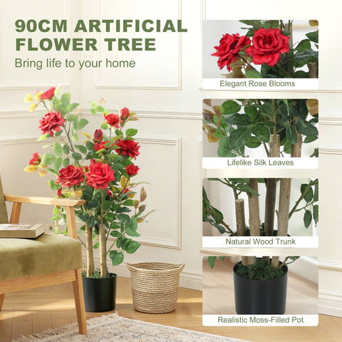 Homcom 90cm artificial rose tree set with elegant red silk blooms and lifelike leaves in a moss-filled black pot