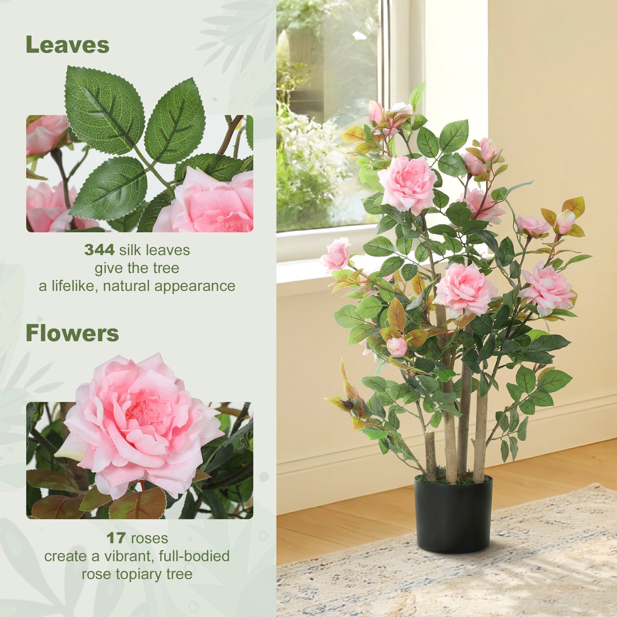 Lush artificial rose tree with 17 pink silk flowers and 344 green leaves in a sleek black pot for indoor outdoor decor
