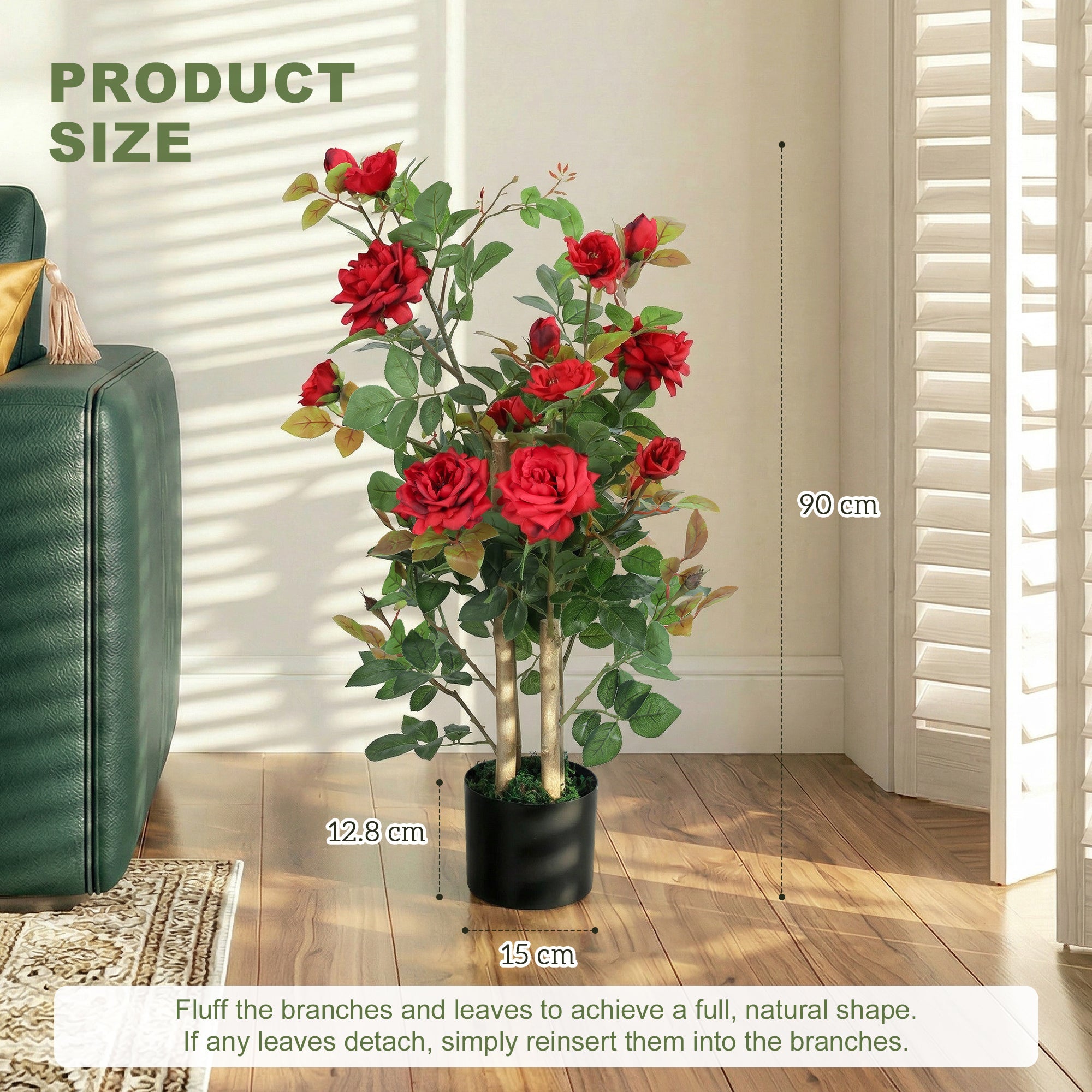 A vibrant red artificial rose tree set with 344 silk leaves and 17 flowers in sleek black pots for indoor outdoor decor