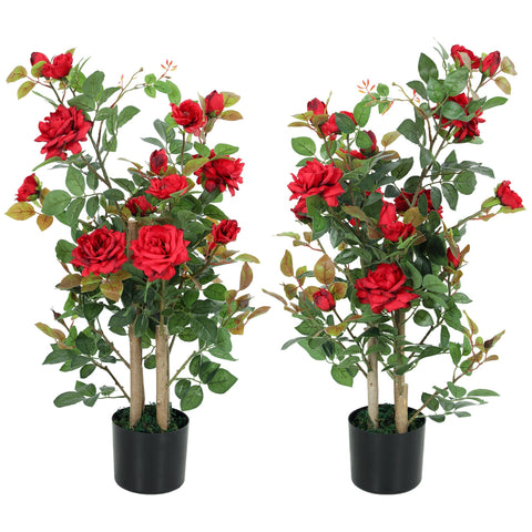 Two identical red artificial rose trees in black pots with green silk leaves perfect for indoor outdoor decor