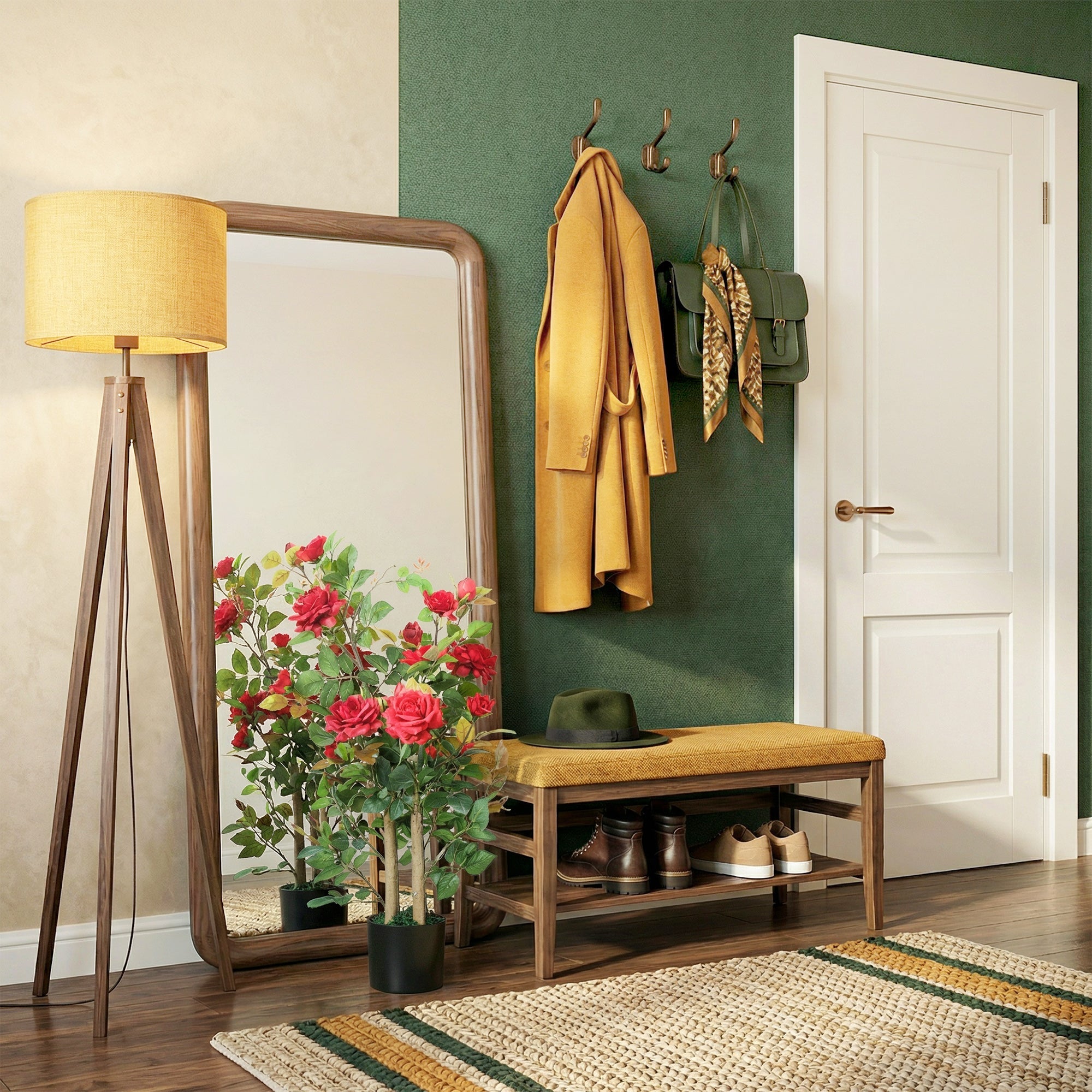 Wooden bench with mustard yellow upholstered seat and two lower shelves paired with red artificial rose tree set