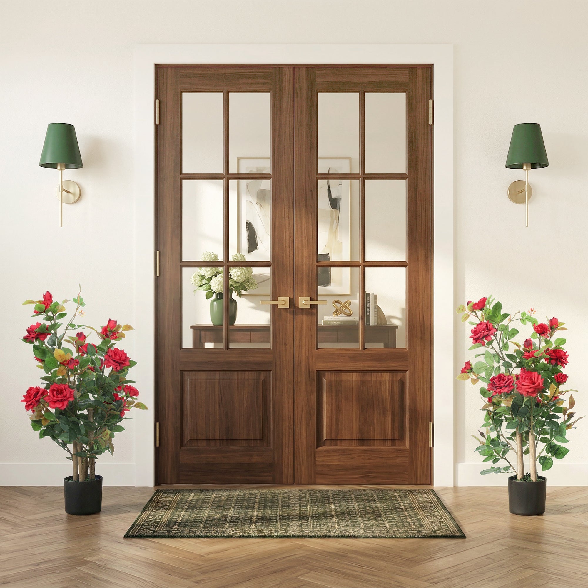 Dark wood double french doors with gold hardware beside a red artificial rose tree set with 344 silk leaves