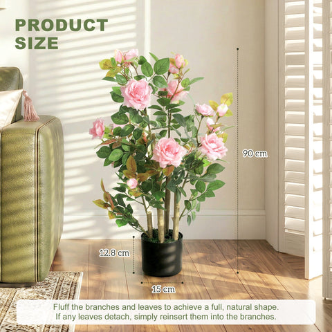 Lush artificial rose tree set with pink blossoms and 344 silk leaves in black pots for indoor outdoor decor