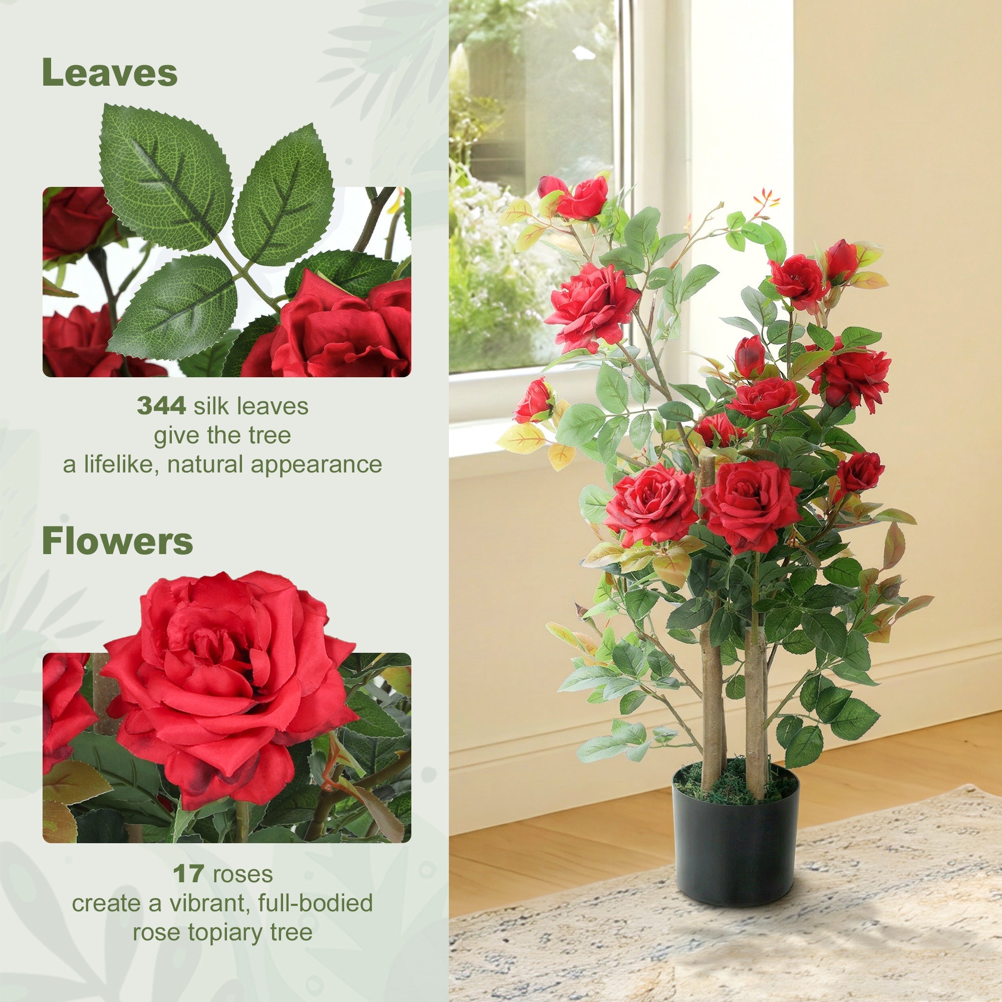 A vibrant red artificial rose tree with 17 silk flowers and 344 lifelike leaves in a sleek black pot, perfect indoor decor