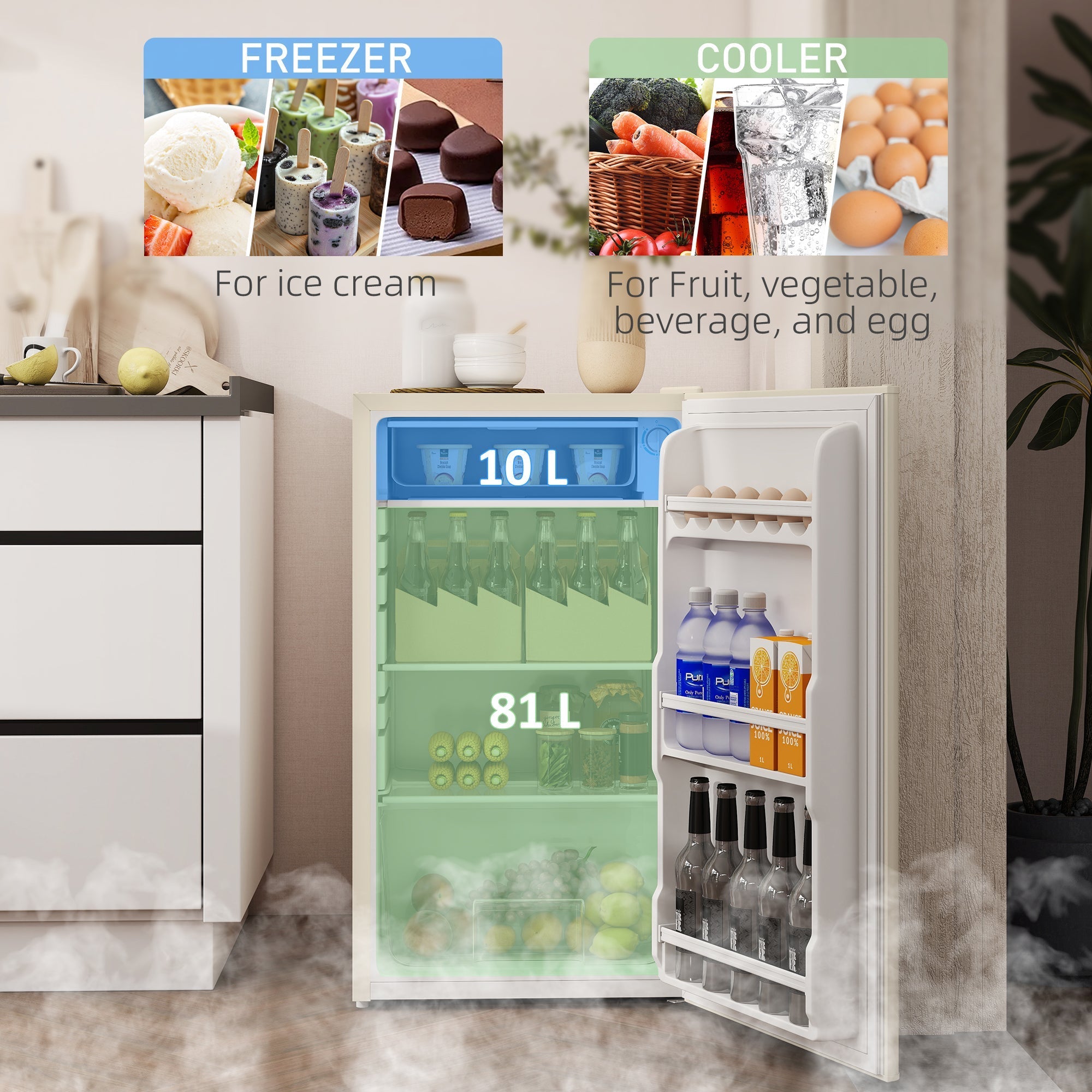 White homcom small fridge freezer with 91 litre capacity clear glass doors and adjustable thermostat beige finish