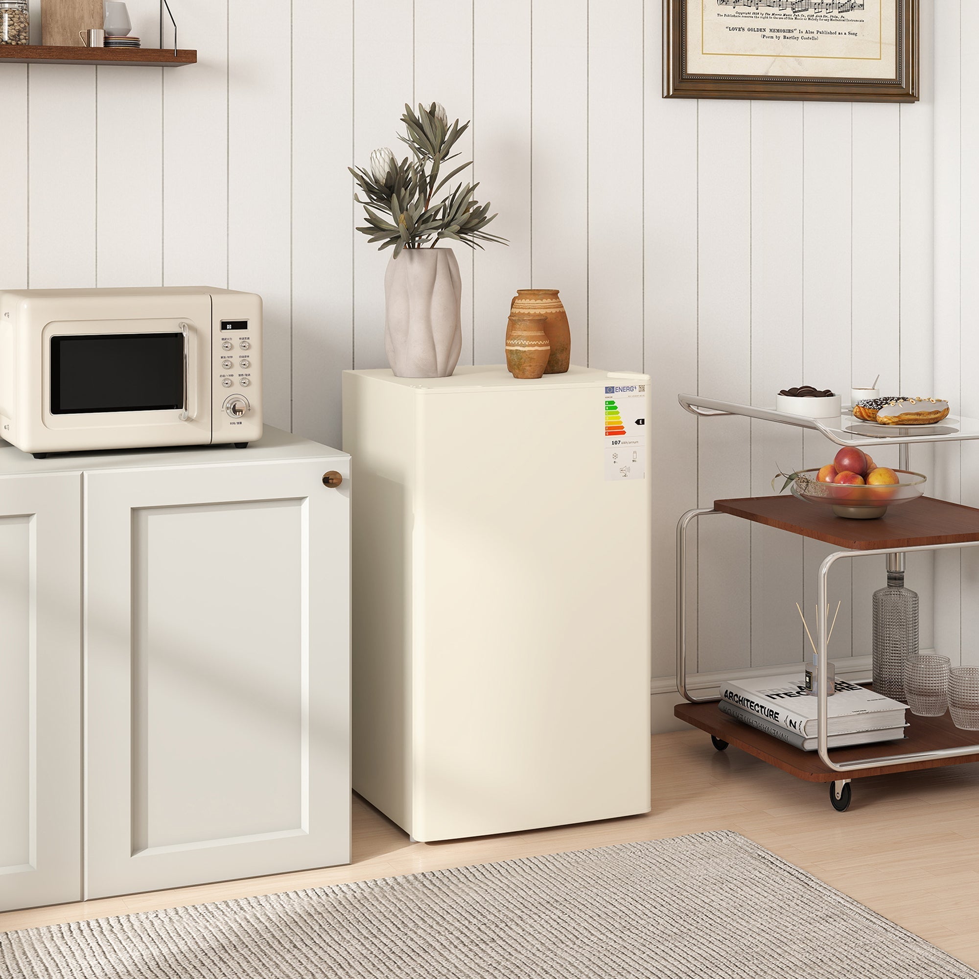 Cream-colored homcom 91 litre small fridge freezer with smooth finish energy label and adjustable thermostat in beige