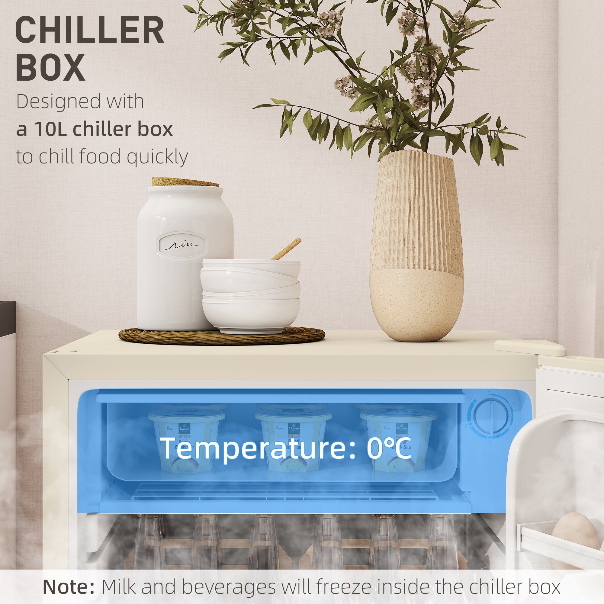 White 10l chiller box with blue interior and digital display at 0°c inside beige homcom small fridge freezer
