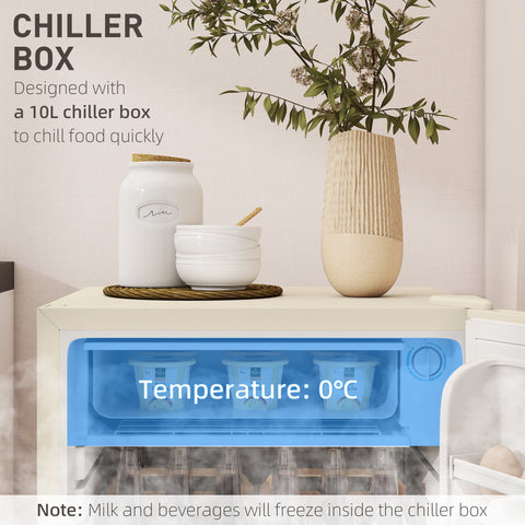 White 10l chiller box with blue interior and digital display at 0°c inside beige homcom small fridge freezer