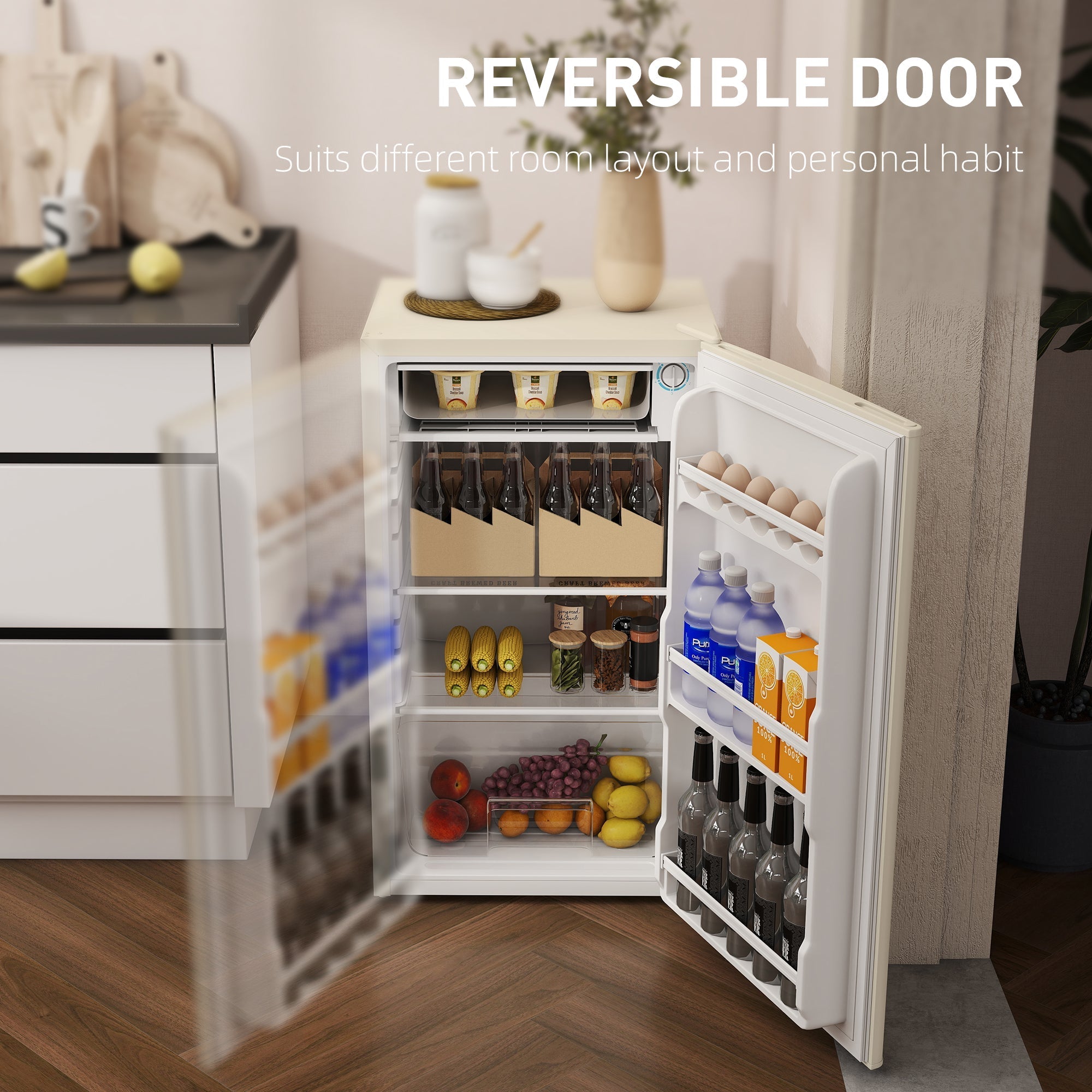 Beige homcom 91 litre small fridge freezer with reversible door and organized shelves stocked with drinks and produce